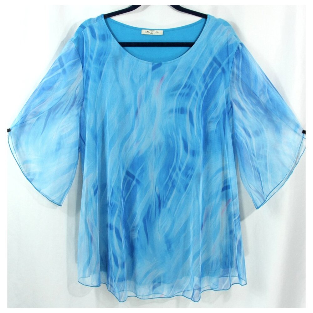 Sese Code Swirl Ripple Sheer Fine Mesh Split Sleeve Layered Tunic Top Blue 3XL
